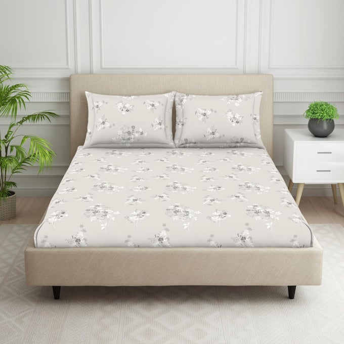 120 TC POLYCOTTON BEDSHEET FOR DOUBLE BED WITH 2 PILLOW COVER SKIN SAFE SUPER SOFT KING SIZE BED SHEET 108 X 108 INCH FLORAL GREY HARMONY