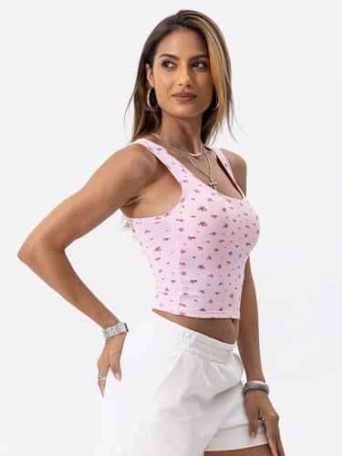Danysu Women Cotton Rib Tank Top with Built in Bra Square Neck Crop Tank Fitted Basic Tops Floral Pink Rose M - Image 5