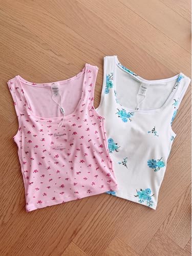 Danysu Women Cotton Rib Tank Top with Built in Bra Square Neck Crop Tank Fitted Basic Tops Floral Pink Rose M - Image 2