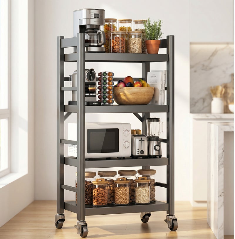 Kitchen Storage Rack 4-Tier Metal with Wheels and Lock, Foldable Shelving Unit for Kitchen, Garage, Pantry - Large Capacity Organizer - Image 1