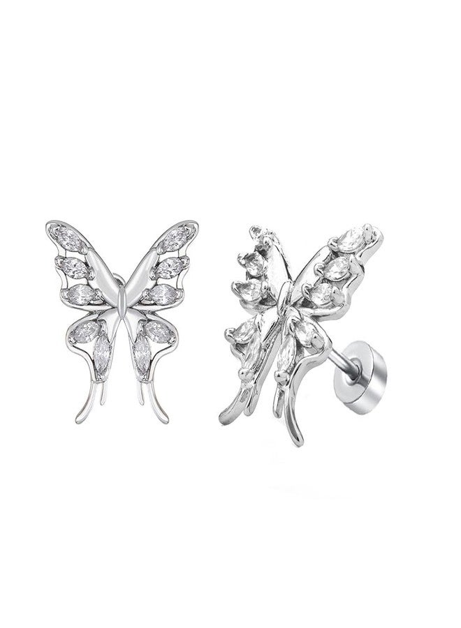 OIDIMS Dainty Butterfly Stud Cartilage Flat Black Earrings for Women Cubic Zirconia Wedding Tragus Screw Back Studs Stainless Steel 20g Barbell Piercing Body Jewelry Best Friends Niece Graduation Gift - Image 1