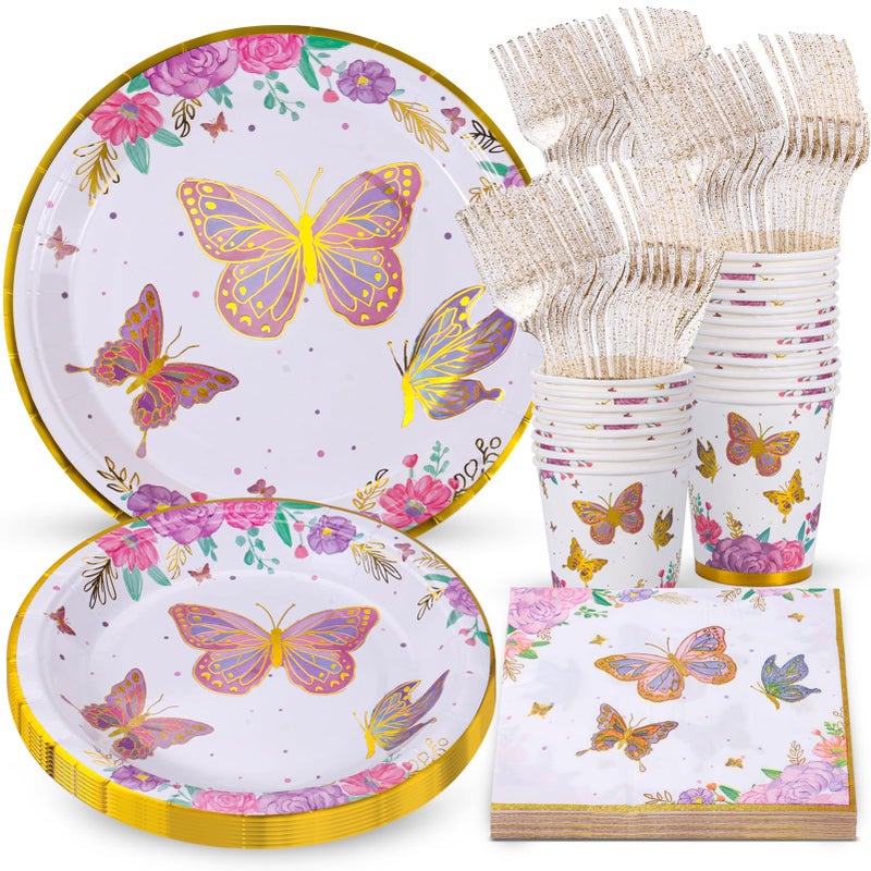 Atonofun Butterfly Party Supplies  Plates Cups Napkins Forks  Decorations for Baby Showers Birthdays  Serves 24