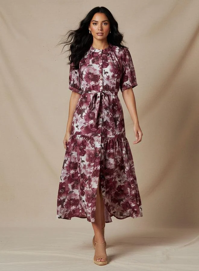 سبلاش فيڤ Tiered Midi Viscose Belted Dress with Abstract Print