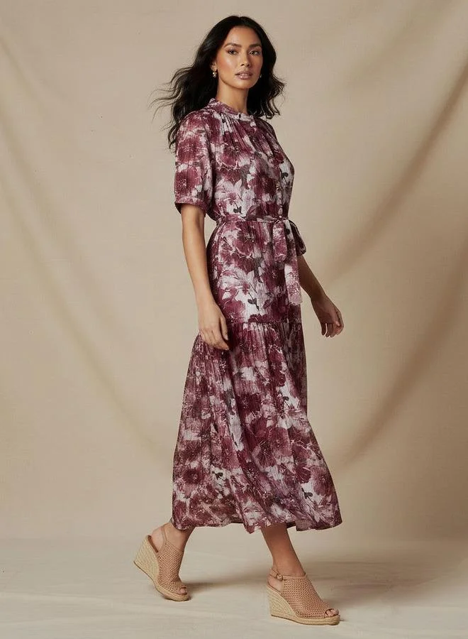 سبلاش فيڤ Tiered Midi Viscose Belted Dress with Abstract Print