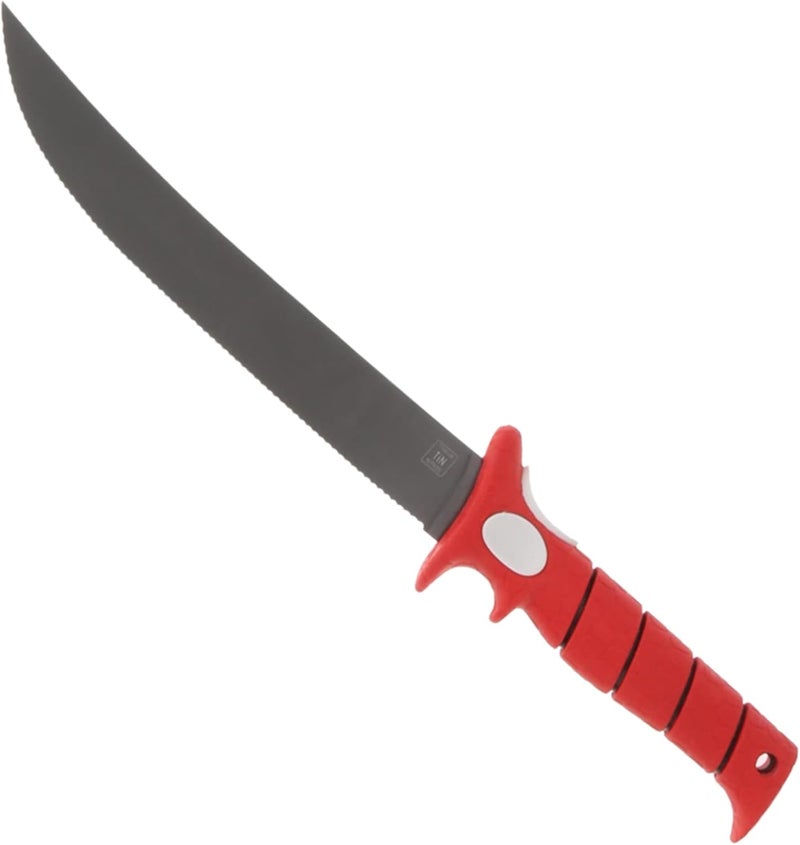 Bubba 9" Serrated Flex Knife with Non-Slip Grip Handle, Offset Full Tang Stainless Steel Blade, Lanyard Hole and Synthetic Sheath for Fishing - Image 1