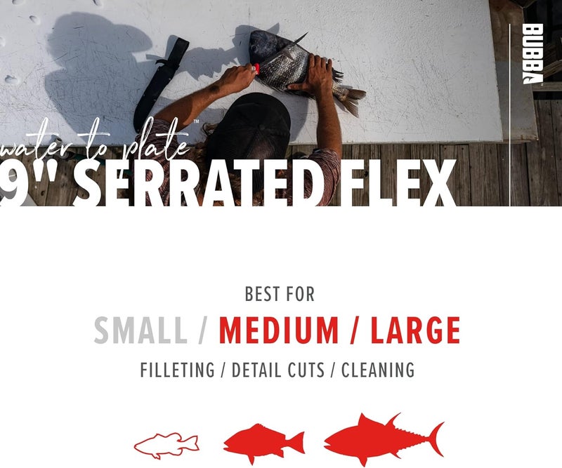 Bubba 9" Serrated Flex Knife with Non-Slip Grip Handle, Offset Full Tang Stainless Steel Blade, Lanyard Hole and Synthetic Sheath for Fishing - Image 5