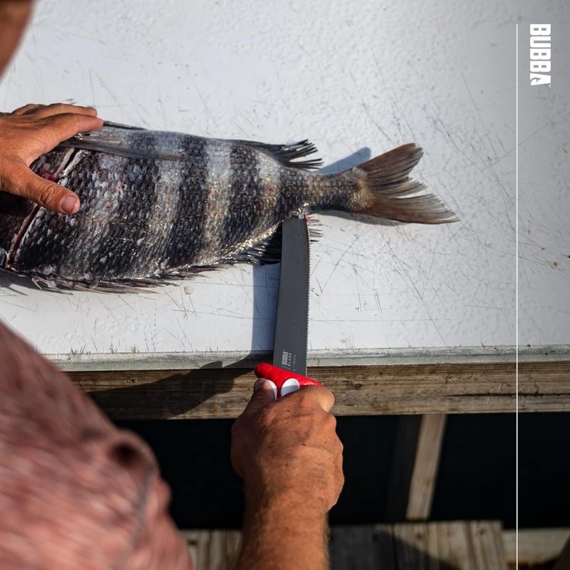 Bubba 9" Serrated Flex Knife with Non-Slip Grip Handle, Offset Full Tang Stainless Steel Blade, Lanyard Hole and Synthetic Sheath for Fishing - Image 2