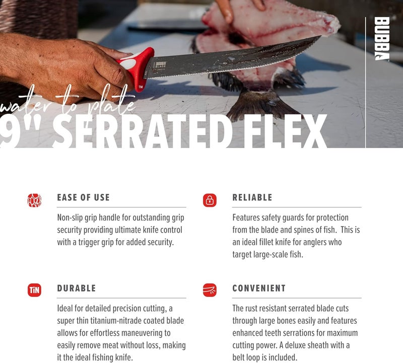 Bubba 9" Serrated Flex Knife with Non-Slip Grip Handle, Offset Full Tang Stainless Steel Blade, Lanyard Hole and Synthetic Sheath for Fishing - Image 4