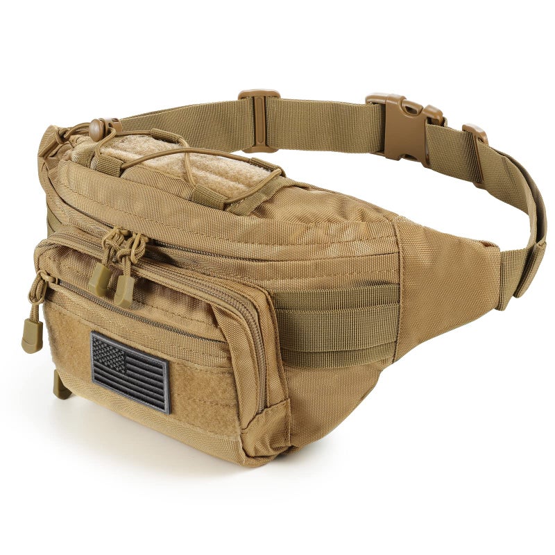 SOWHUP Tactical Fanny Pack,Military Waist Bag Pack with U.S Patch Utility Hip Belt Bumbag for Outdoor Fishing Hiking (Tan(4 Zipper Pockets)) - Image 1