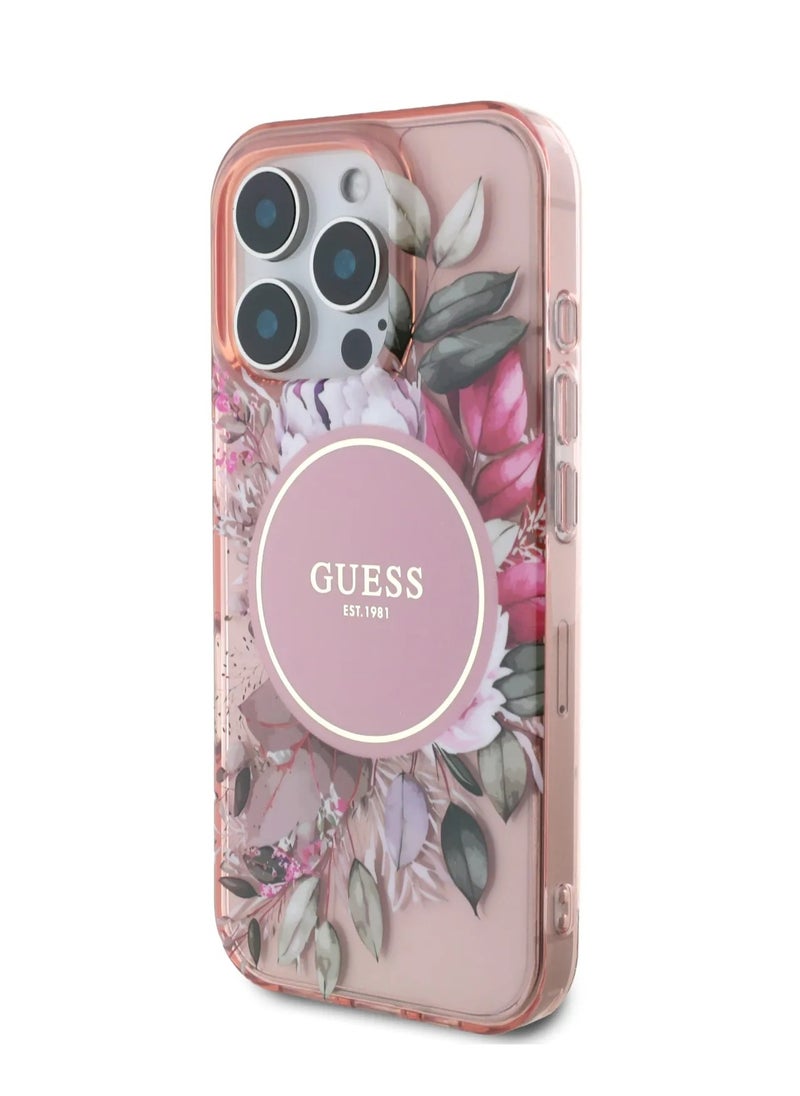 GUESS MagSafe IML Transparent Hard Case With Flower Design & Tonal Circle Logo for iPhone 16 Pro Max / Lightweight / High Quality Material - Pink  - Image 3