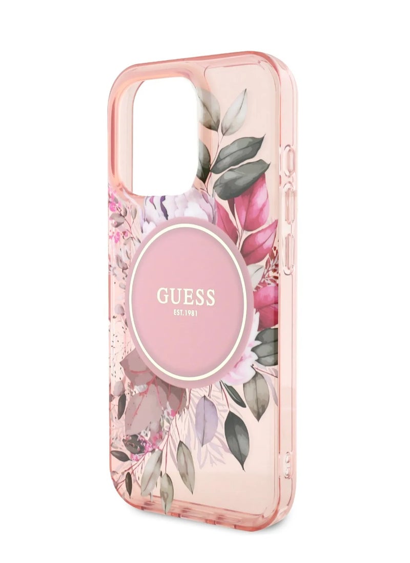 GUESS MagSafe IML Transparent Hard Case With Flower Design & Tonal Circle Logo for iPhone 16 Pro Max / Lightweight / High Quality Material - Pink  - Image 5