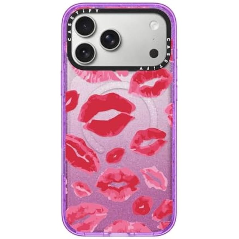 Casetify Impact iPhone 17 Pro Max Case 【Slim/Compatible with Magsafe / 8.2 ft. 4X Military Grade Drop Protection】 - Lipstick Kisses - Glitter Purple - Image 1