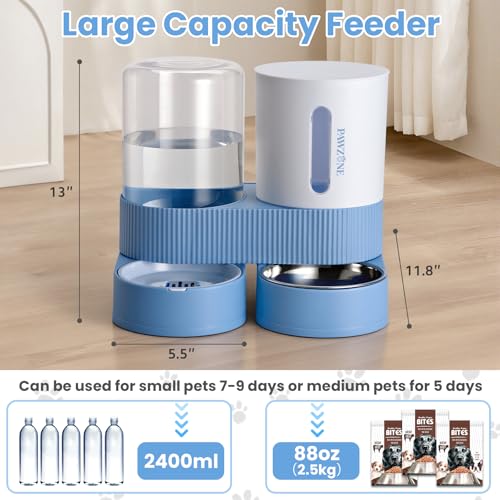 Pawzone 2 Pack Automatic Cat Feeder Stainless Steel Water Dispenser Gravity Food Feeder and Waterer Set with Pet Food Bowl for Small Medium Kitten Puppy Pets Large Capacity(Blue) - Image 2
