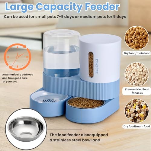 Pawzone 2 Pack Automatic Cat Feeder Stainless Steel Water Dispenser Gravity Food Feeder and Waterer Set with Pet Food Bowl for Small Medium Kitten Puppy Pets Large Capacity(Blue) - Image 3