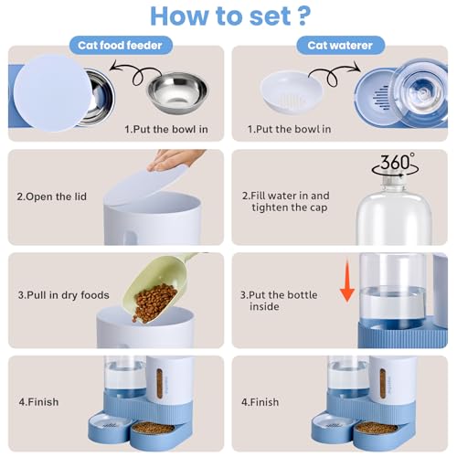 Pawzone 2 Pack Automatic Cat Feeder Stainless Steel Water Dispenser Gravity Food Feeder and Waterer Set with Pet Food Bowl for Small Medium Kitten Puppy Pets Large Capacity(Blue) - Image 5