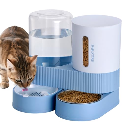 Pawzone 2 Pack Automatic Cat Feeder Stainless Steel Water Dispenser Gravity Food Feeder and Waterer Set with Pet Food Bowl for Small Medium Kitten Puppy Pets Large Capacity(Blue) - Image 1