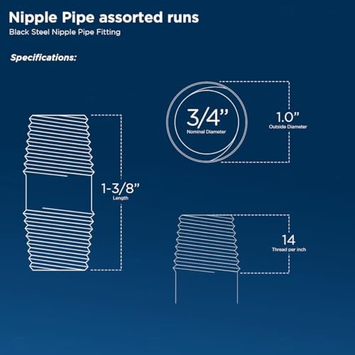 SupplyGiant 3/4 x 1 Inch Black Steel Pipe (10-Pack), Heavy Duty Industrial Malleable Iron Pipes, Pre Cut Threaded Close Nipple Great For All DIY Furniture And Black Pipe Shelving - Image 2