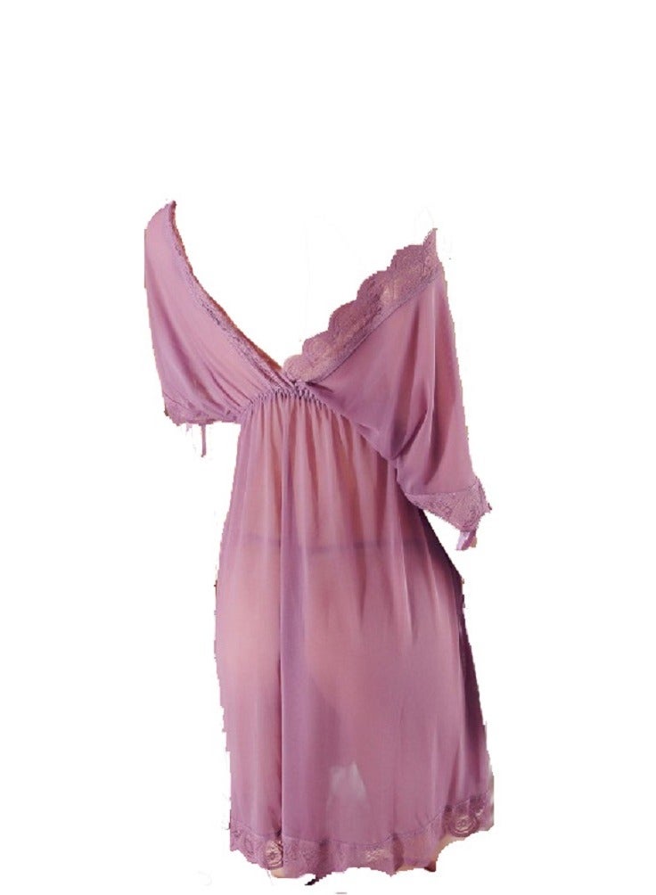 Loose Night Dress Lace Floral Wave Hemline Babydoll Lingerie Sleep Wear  - Image 2