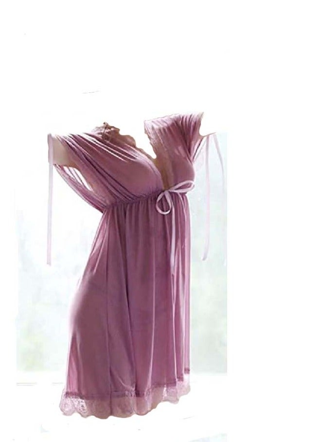 Loose Night Dress Lace Floral Wave Hemline Babydoll Lingerie Sleep Wear  - Image 1