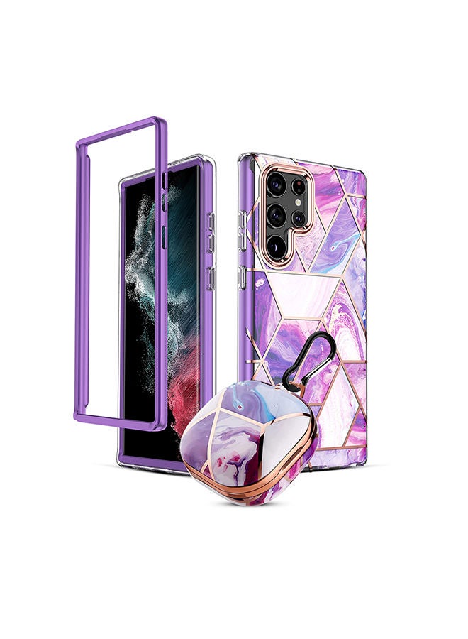 O Ozone Marble Bundle for Samsung Galaxy S23 5G Ultra Case + Galaxy Buds Case Full-Body Smooth Gloss Finish Marble Shockproof Bumper Stylish Cover (Purple) - Image 1