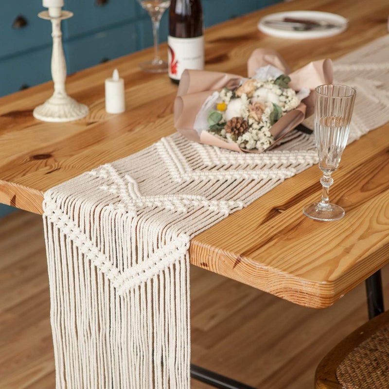 Mkono 100 Inches Boho Macrame Table Runner Woven Thanksgiving Christmas Party Decor Handmade Linen Placemats with Tassels Home Decoration for Dining Room Kitchen, 12 x 100 Inches - Image 1