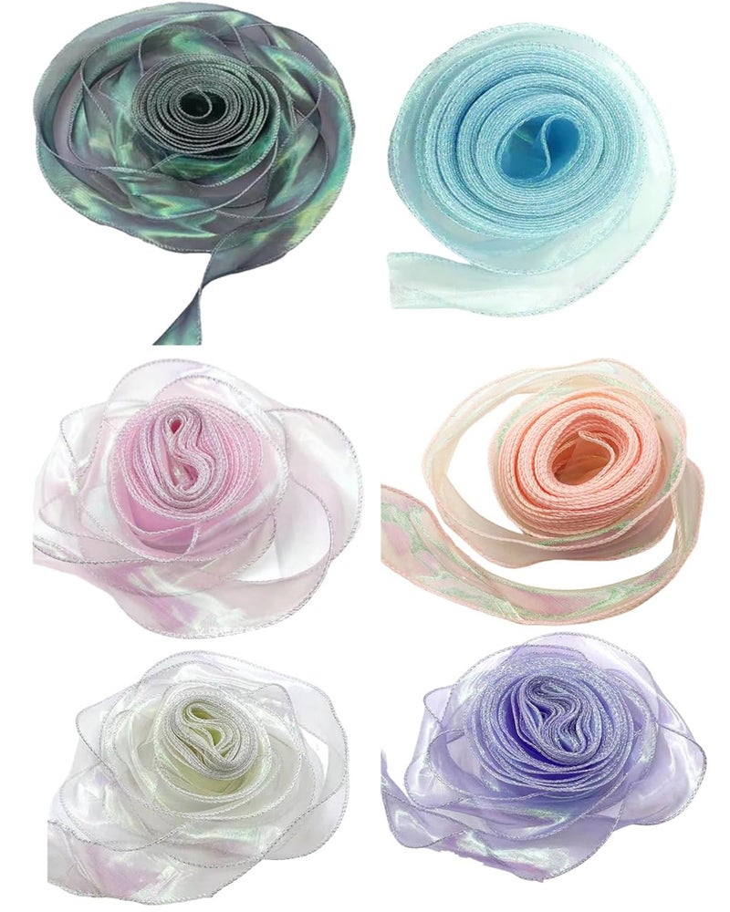 INOCEAN 6PCS Organza Lace, Organza Laces and Borders Material, 9-Meter Ribbon in Six Colors, Ideal for Gift Wrapping, DIY Crafts, and Party Decorations (Light Blue, Beige, Champagne, Purple, Pink, Black) - Image 1