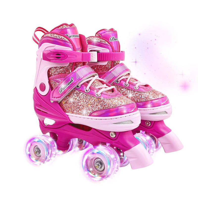 DFXLF Kids Roller Skates for Girls Boys 4 Size Adjustable Ages 3-5 5-8 6-12 Red Quad Rollerskates with Light Up Wheels for Beginner Children's Birthday Gift patines para niÃ±as Outdoor Sports - Image 1