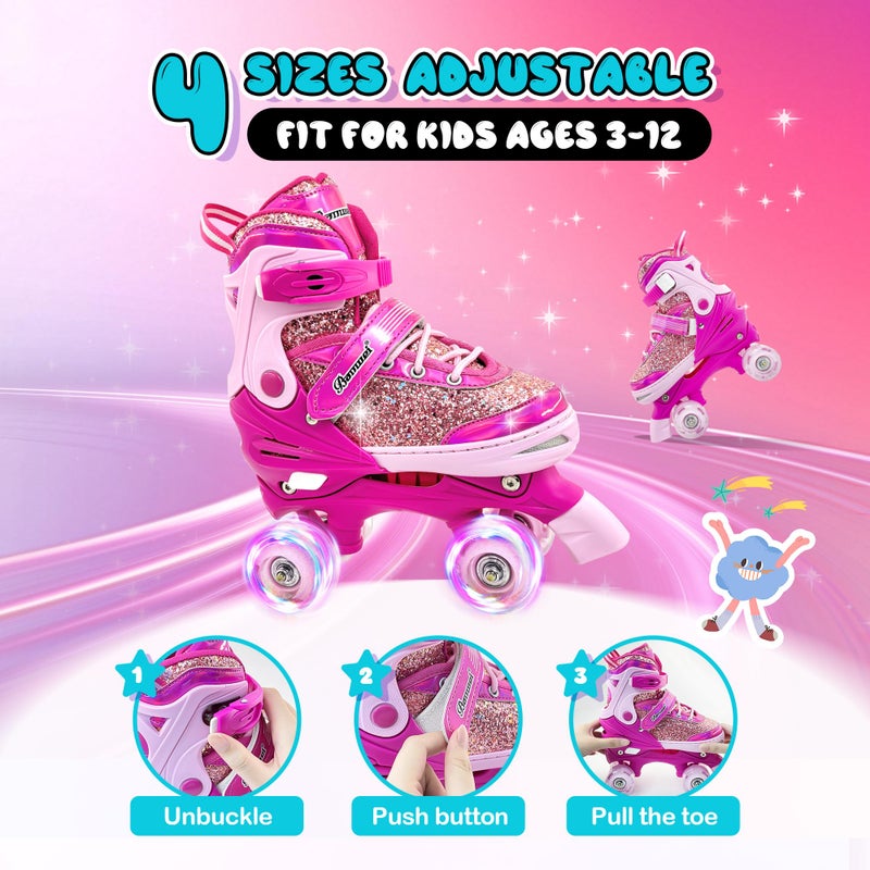 DFXLF Kids Roller Skates for Girls Boys 4 Size Adjustable Ages 3-5 5-8 6-12 Red Quad Rollerskates with Light Up Wheels for Beginner Children's Birthday Gift patines para niÃ±as Outdoor Sports - Image 3