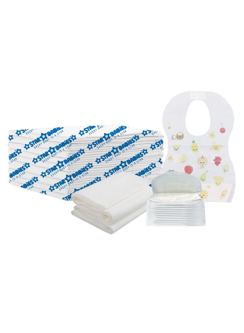 STAR BABiES Combos Pack Disposable Changing Mat 45 X 60Cm 10Pcs, Bibs 10Pcs, Breast Pad 10Pcs, Disposable Towel 3Pcs - White - Image 1
