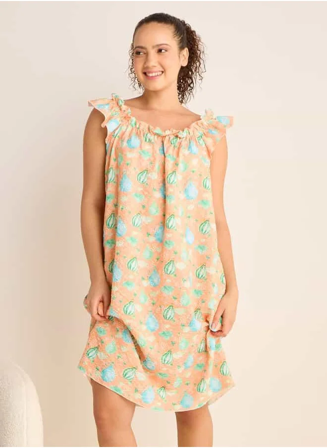 فاف Printed Sleeveless Night Dress with Ruffle Detail