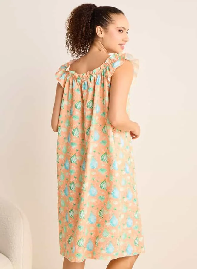 Splash FAV Printed Sleeveless Night Dress with Ruffle Detail