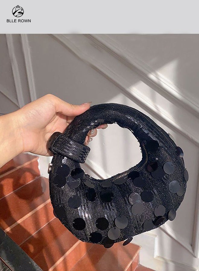 BLLE ROWN Sequin Hobo Evening Bag for Women Trendy Crossbody Bags for Ladies Small Stylish Women Handbag for Parties Chic Black Ladies Bag - Image 4