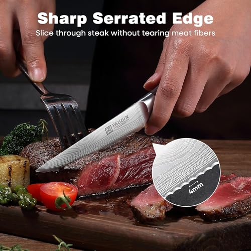 PAUDIN Steak Knives Set of 6, Kitchen Steak Knife 4.5 Inch, High Carbon Stainless Steel Steak Knives, Serrated Steak Knife with Pakkawood Handle, Dinner Knives with Gift Box - Image 4