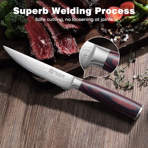 PAUDIN Steak Knives Set of 6, Kitchen Steak Knife 4.5 Inch, High Carbon Stainless Steel Steak Knives, Serrated Steak Knife with Pakkawood Handle, Dinner Knives with Gift Box - Image 5