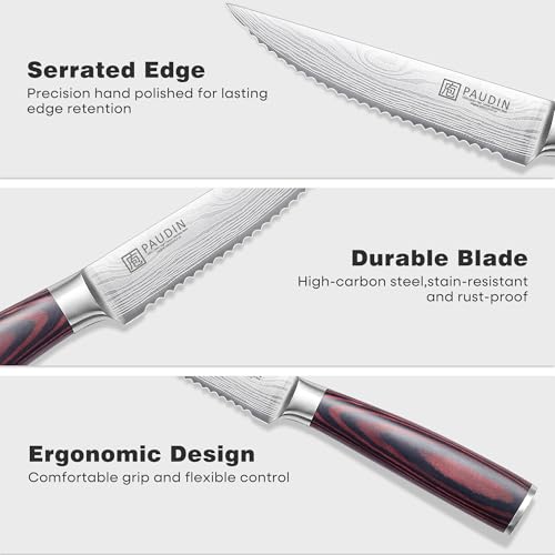 PAUDIN Steak Knives Set of 6, Kitchen Steak Knife 4.5 Inch, High Carbon Stainless Steel Steak Knives, Serrated Steak Knife with Pakkawood Handle, Dinner Knives with Gift Box - Image 3