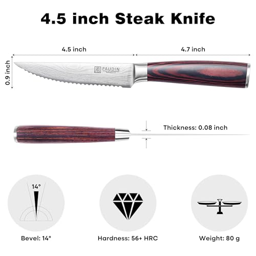 PAUDIN Steak Knives Set of 6, Kitchen Steak Knife 4.5 Inch, High Carbon Stainless Steel Steak Knives, Serrated Steak Knife with Pakkawood Handle, Dinner Knives with Gift Box - Image 2