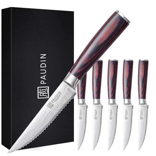 PAUDIN Steak Knives Set of 6, Kitchen Steak Knife 4.5 Inch, High Carbon Stainless Steel Steak Knives, Serrated Steak Knife with Pakkawood Handle, Dinner Knives with Gift Box - Image 1