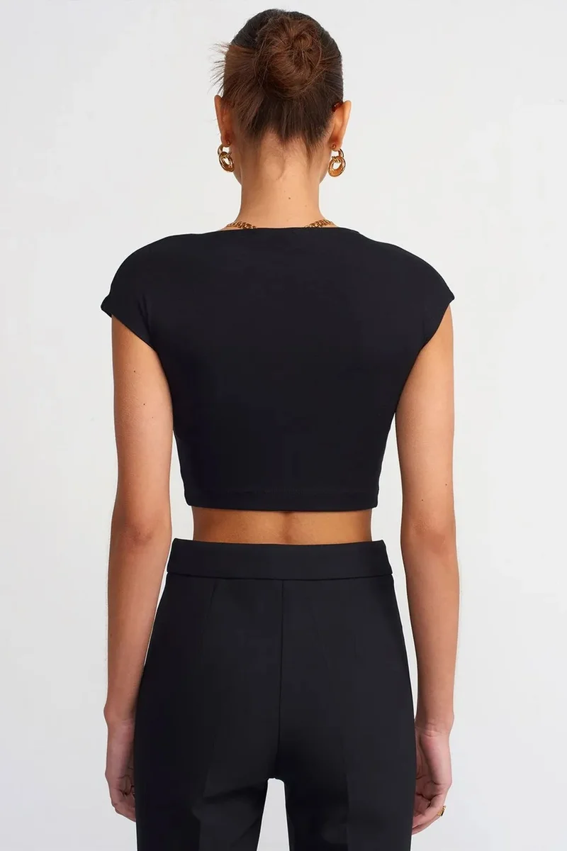 Dilvin Black DILVIN Slim Fit Crop Jersey Blouse for Women | Best Price UAE