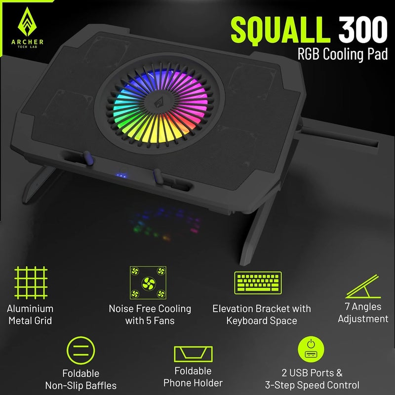 Archer Tech Lab RGB Gaming Laptop Cooling Pad Stand with Aluminum Metal Grid, 5 Turbo Fans Dual USB Ports 7 Adjustable Angles Elevation Bracket & Phone Holder, Supports Up to 17" Laptop (Squall 300) - Image 3