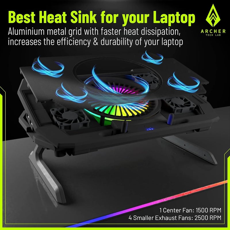 Archer Tech Lab RGB Gaming Laptop Cooling Pad Stand with Aluminum Metal Grid, 5 Turbo Fans Dual USB Ports 7 Adjustable Angles Elevation Bracket & Phone Holder, Supports Up to 17" Laptop (Squall 300) - Image 5