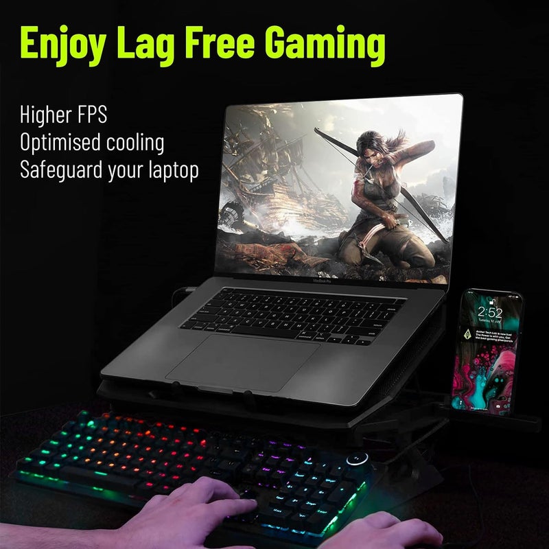 Archer Tech Lab RGB Gaming Laptop Cooling Pad Stand with Aluminum Metal Grid, 5 Turbo Fans Dual USB Ports 7 Adjustable Angles Elevation Bracket & Phone Holder, Supports Up to 17" Laptop (Squall 300) - Image 2