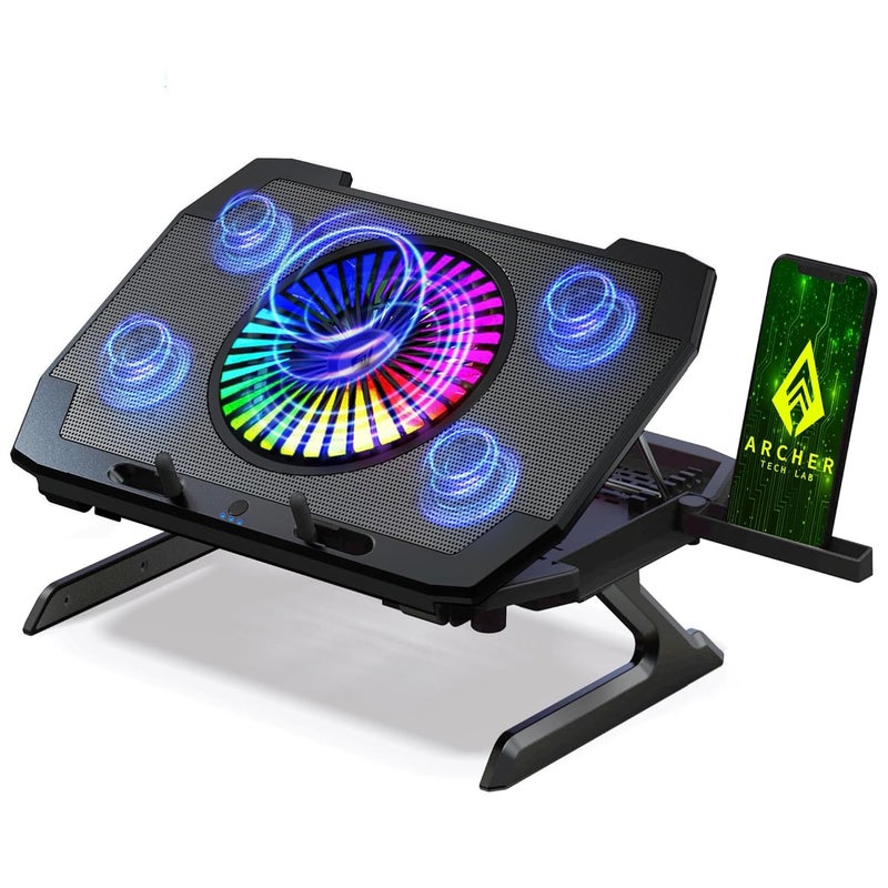 Archer Tech Lab RGB Gaming Laptop Cooling Pad Stand with Aluminum Metal Grid, 5 Turbo Fans Dual USB Ports 7 Adjustable Angles Elevation Bracket & Phone Holder, Supports Up to 17" Laptop (Squall 300) - Image 1