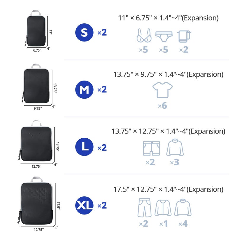 OPLEBEPE Compression Packing Cubes, 8 Set Packing Cubes for Travel Compression, Lightweight Compressible Package Organizer for Carry On and Suitcases, Black and Grey - Image 2
