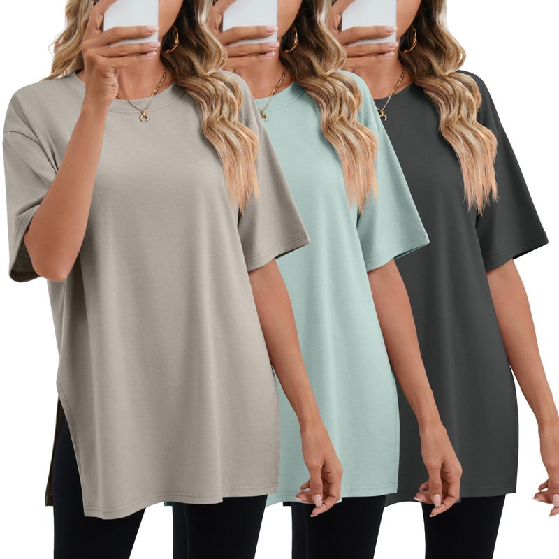 Huukeay 3 Pack Womens Oversized Gym T Shirts Cotton Short Sleeve Side Split Crewneck Tops Casual Workout Baggy Basic TeeDark Gray Gray Green Gray ApricotXLarge