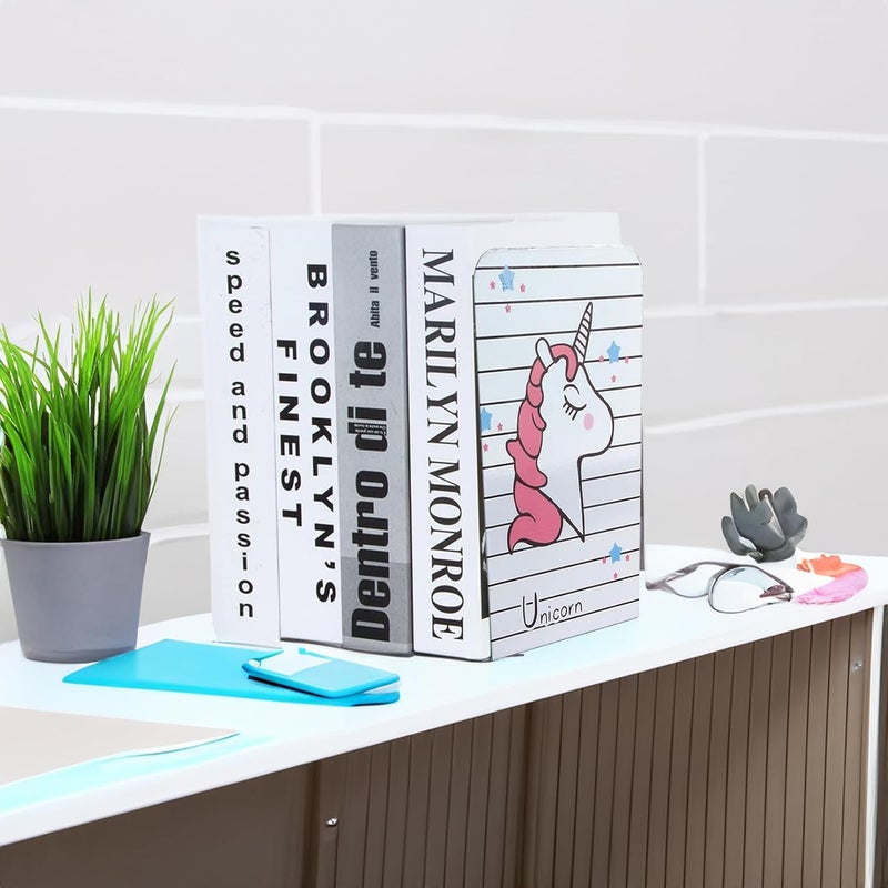 oddpod ™ Cute Unicorn Metal Bookends Organizer/Decorative Non-Skid Desktop Book Shelf for Office Decor, Home, Living Room, School, College & Library - White - Image 2