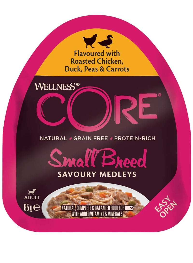 مزيج نكهات أساسية بنكهة الدجاج المشوي، البط، البازلاء والجزر للكلاب البالغة من السلالات الصغيرة 85 جرام