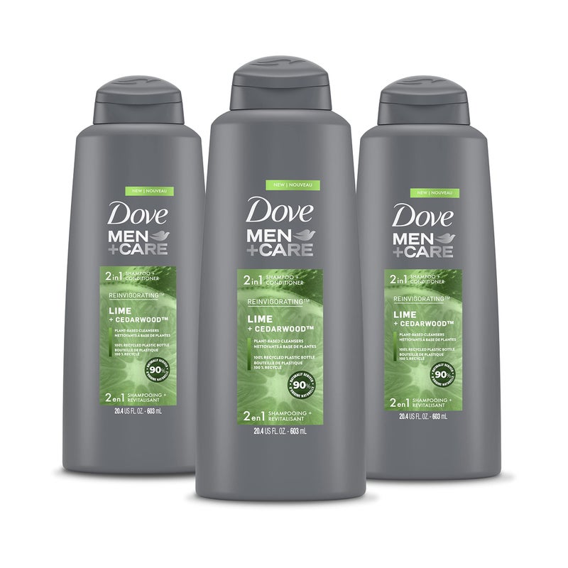 Dove Men+Care DOVE MEN + CARE 2 in 1 Shampoo and Conditioner For Healthy-Looking Hair Lime + Cedarwood Naturally Derived Plant Based Cleansers 20.4 oz 3 Count - Image 1