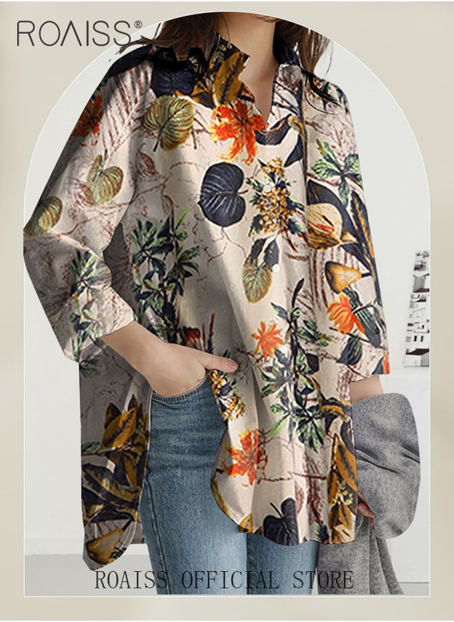 roaiss - Ladies Stylish Lapel Shirt for Daily Commute Single Breasted Long Sleeve Top with Simple Design and Loose Fit Featuring a Beautiful Floral Pattern - Image 1