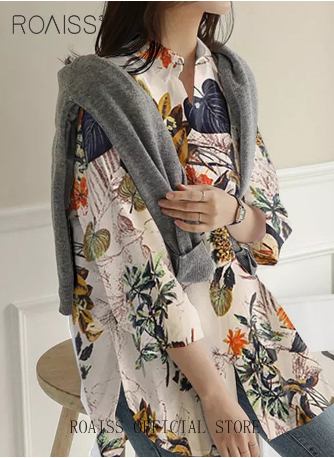 roaiss - Ladies Stylish Lapel Shirt for Daily Commute Single Breasted Long Sleeve Top with Simple Design and Loose Fit Featuring a Beautiful Floral Pattern - Image 1