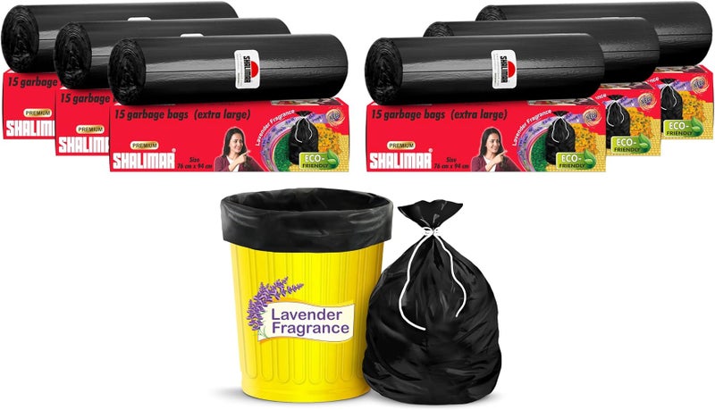 شاليمار 90 كيسًا - أكياس قمامة متينة سعة 45 جالون، برائحة اللافندر – مقاومة للتسرب – مقاس 76 × 94 سم – تناسب صناديق القمامة سعة 35 إلى 45 جالون – لون أسود - Image 1